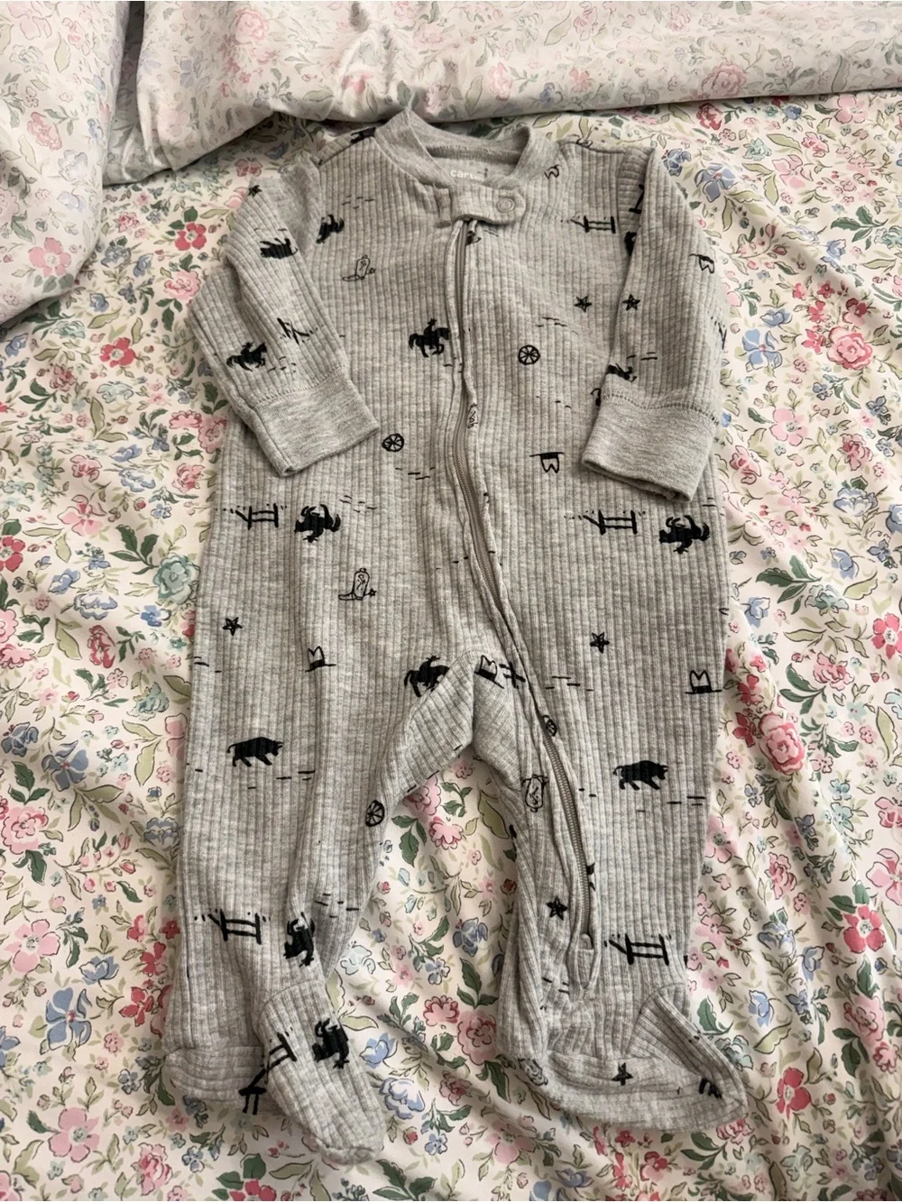 Carter's Gray Ribbed & Sage Green Printed Footed One-Piece bundle